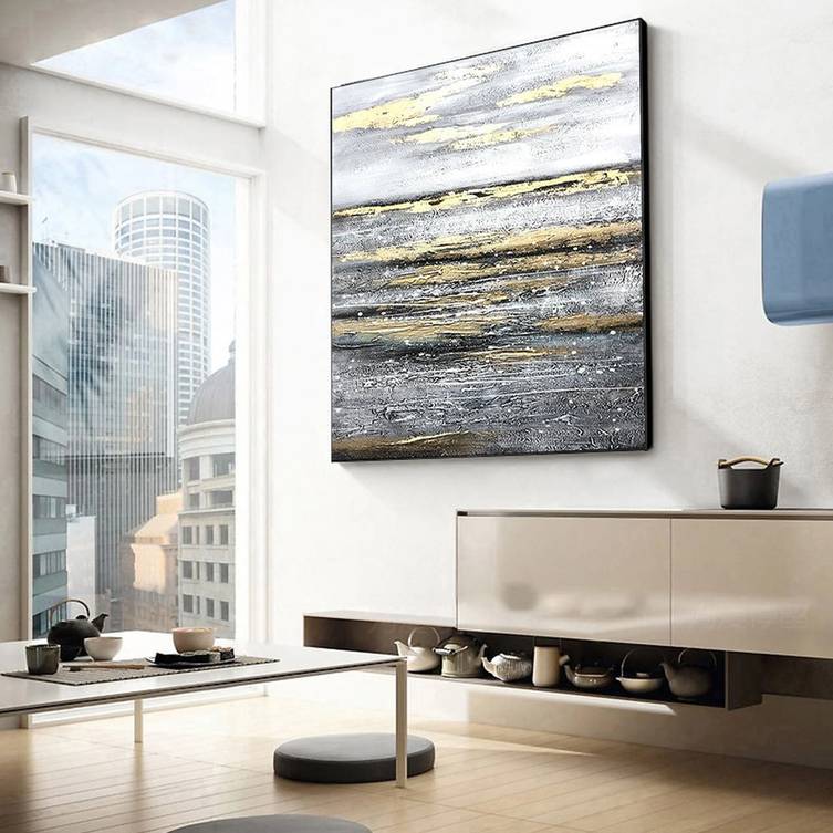 Grey Original Handmade Gold Contemporary Sunset Abstract Canvas Artwork RZ8QI
